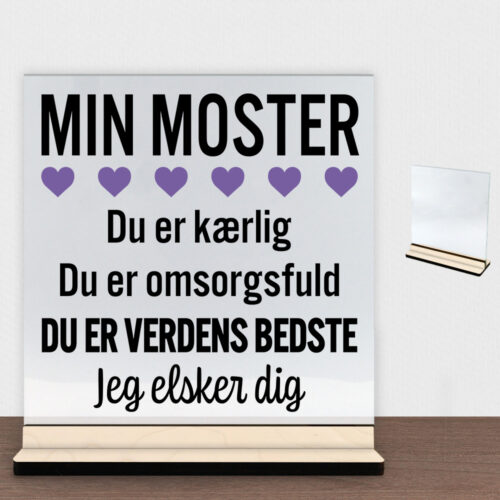 Min moster er verdens bedste | Glasskilt inkl. fod (poppel krydsfinér)