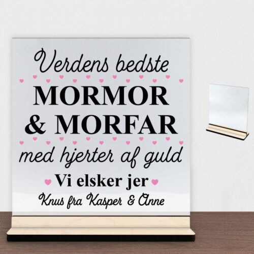 Alternative view of Verdens bedste mormor & morfar #1 | Glasskilt inkl. fod (poppel krydsfinér)