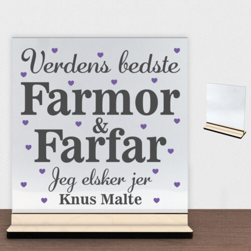 Verdens bedste farmor & farfar #2 | Glasskilt inkl. fod (poppel krydsfinér)