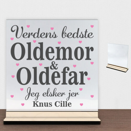Verdens bedste oldemor & oldefar #2 | Glasskilt inkl. fod (poppel krydsfinér)