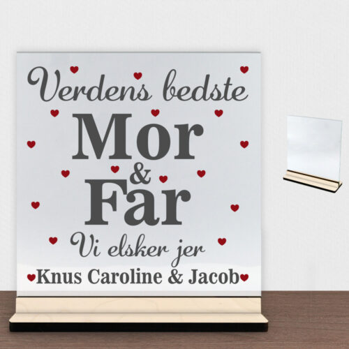 Alternative view of Verdens bedste mor & far | Glasskilt inkl. fod (poppel krydsfinér)