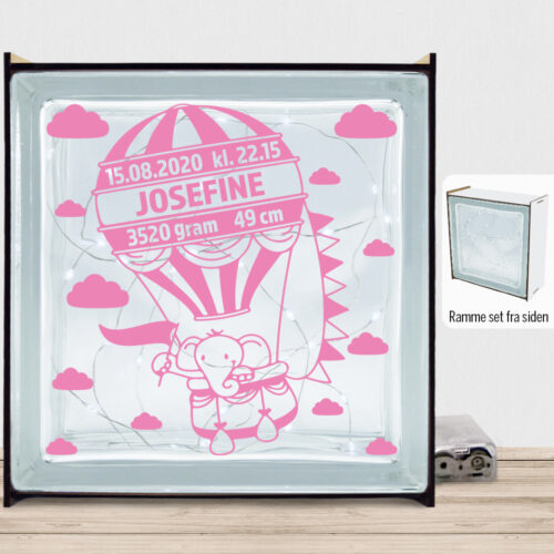Elefant i luftballon m. fødselsdata | Lyssten med ramme (farvet overflade)