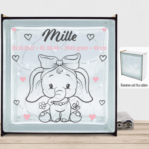 Den lille elefant #1 m. fødselsdata | Lyssten med ramme (farvet overflade)