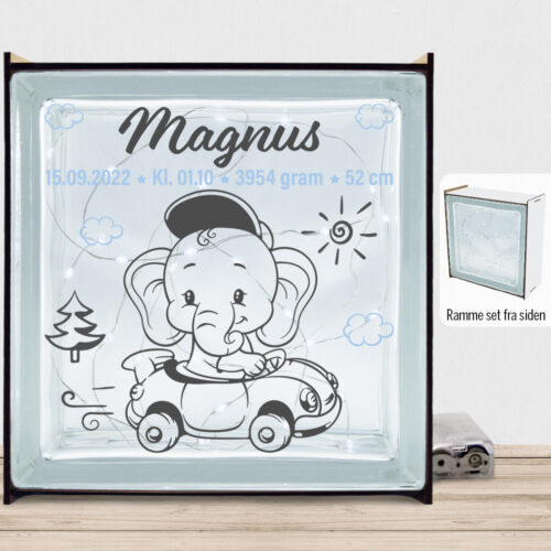 Den lille elefant #2 m. fødselsdata | Lyssten med ramme (farvet overflade)