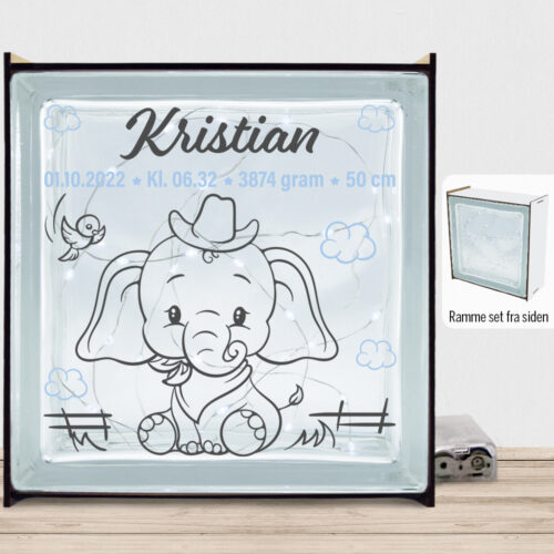 Den lille elefant #3 m. fødselsdata | Lyssten med ramme (farvet overflade)