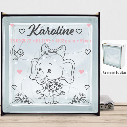 Den lille elefant #4 m. fødselsdata | Lyssten med ramme (farvet overflade)