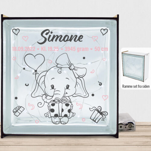 Den lille elefant #6 m. fødselsdata | Lyssten med ramme (farvet overflade)