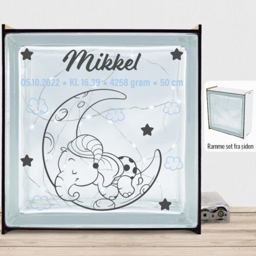 Den lille elefant #7 m. fødselsdata | Lyssten med ramme (farvet overflade)