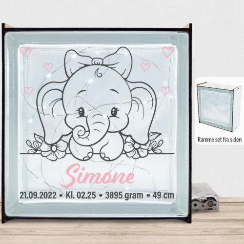 Den lille elefant #9 m. fødselsdata | Lyssten med ramme (farvet overflade)