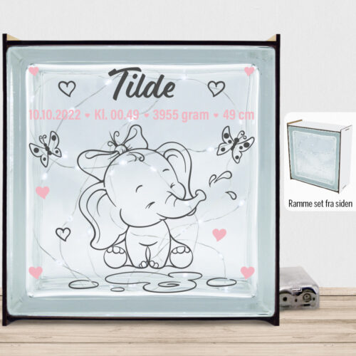 Den lille elefant #11 m. fødselsdata | Lyssten med ramme (farvet overflade)