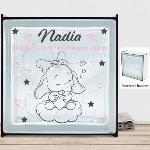 Den lille elefant #12 m. fødselsdata | Lyssten med ramme (farvet overflade)