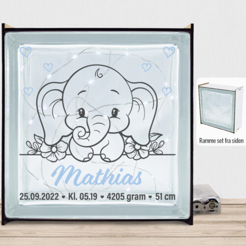 Den lille elefant #13 m. fødselsdata | Lyssten med ramme (farvet overflade)
