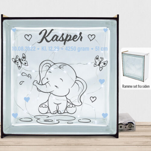Den lille elefant #14 m. fødselsdata | Lyssten med ramme (farvet overflade)