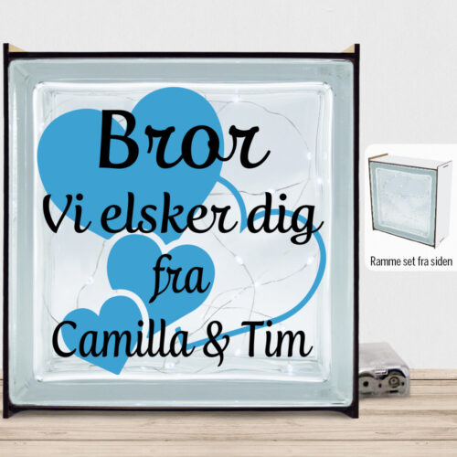 Alternative view of Bror jeg elsker dig m. hjerter | Lyssten med ramme (farvet overflade)