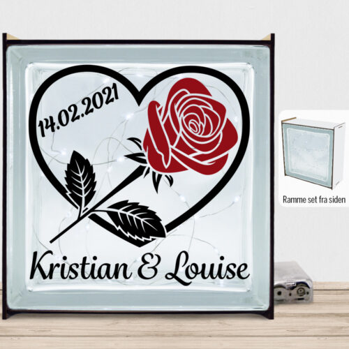 Hjerte m. rose design 1 | Lyssten med ramme (farvet overflade)