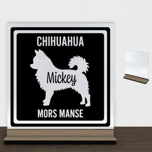 MyPets Chihuahua (langhåret) | Glasskilt inkl. fod (træfinér)