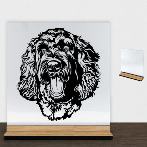 DogFace Labradoodle | Glasskilt inkl. fod (træfinér)