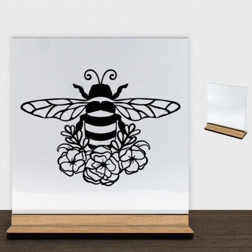 Bee with flowers | Glasskilt inkl. fod (træfinér)