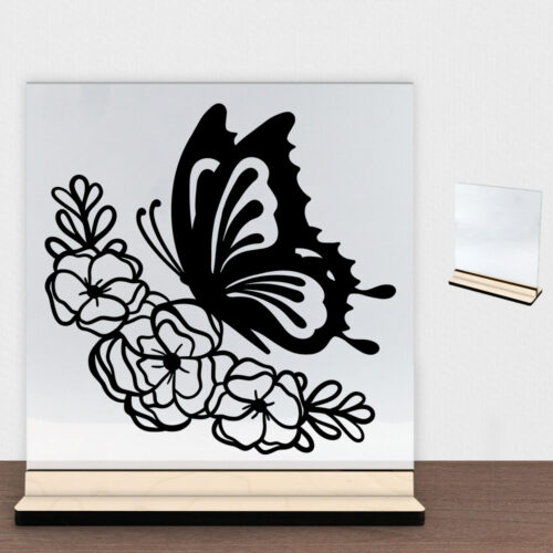 Butterfly with flowers design 1 | Glasskilt inkl. fod (poppel træfinér)