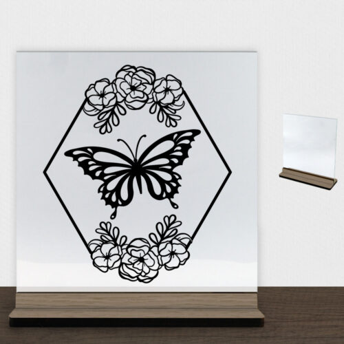 ButterflyHexagon | Glasskilt inkl. fod (træfinér)