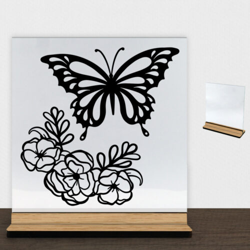 Butterfly with flowers design 2 | Glasskilt inkl. fod (træfinér)