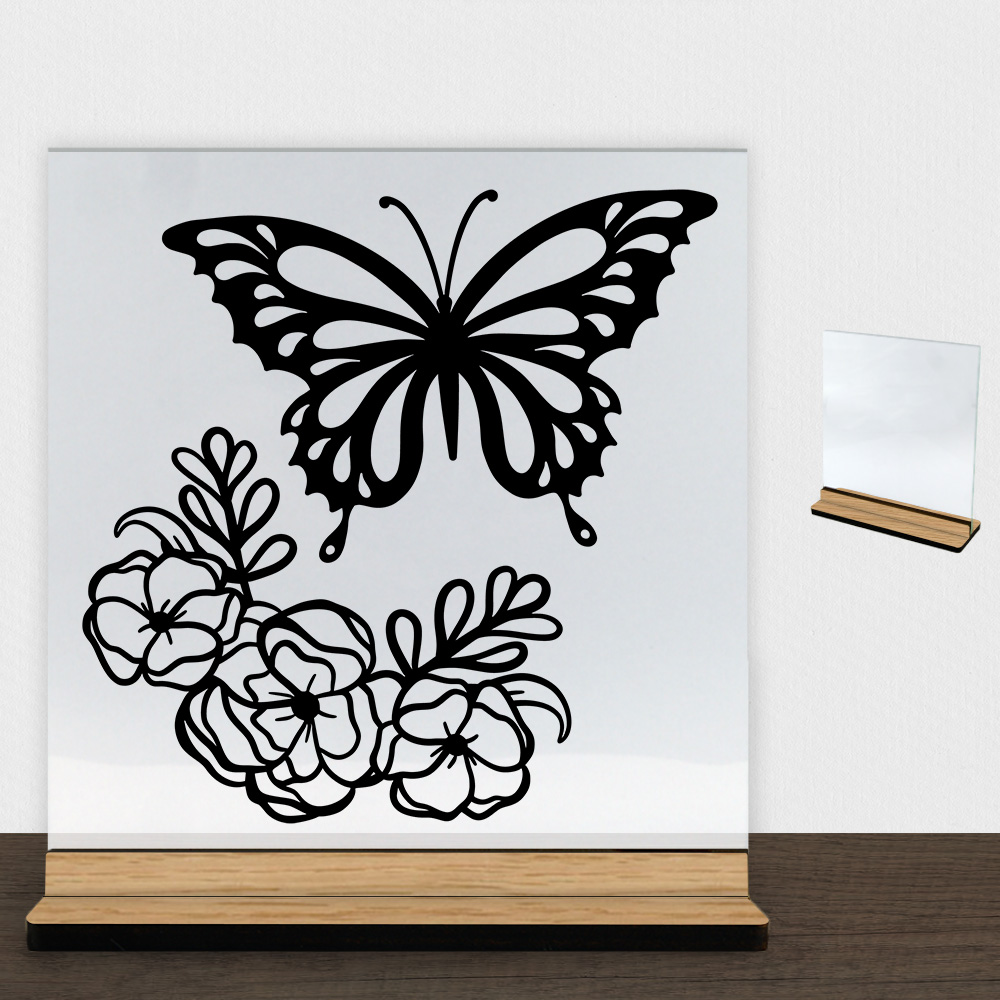 Butterfly with flowers design 2 | Glasskilt inkl. fod (træfinér)