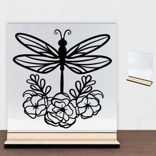 Dragonfly with flowers | Glasskilt inkl. fod (poppel træfinér)