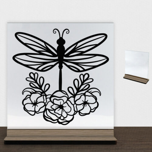 Dragonfly with flowers | Glasskilt inkl. fod (træfinér)