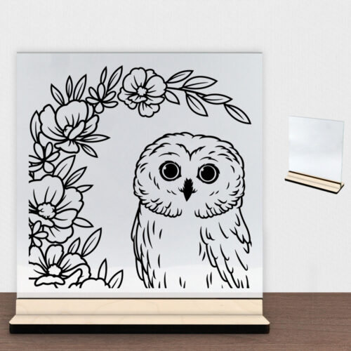 Ugle m. blomster design 1 | Glasskilt inkl. fod (poppel træfinér)