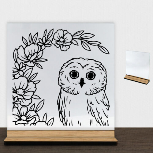 Ugle m. blomster design 1 | Glasskilt inkl. fod (træfinér)