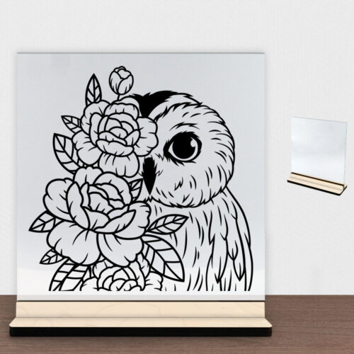 Ugle m. blomster design 2 | Glasskilt inkl. fod (poppel træfinér)