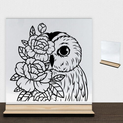 Ugle m. blomster design 2 | Glasskilt inkl. fod (træfinér)