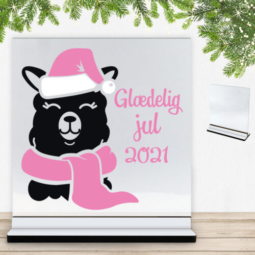 Funny Christmas - Lama, glædelig jul + valgfrit årstal | Glasskilt inkl. fod med farvet overflade