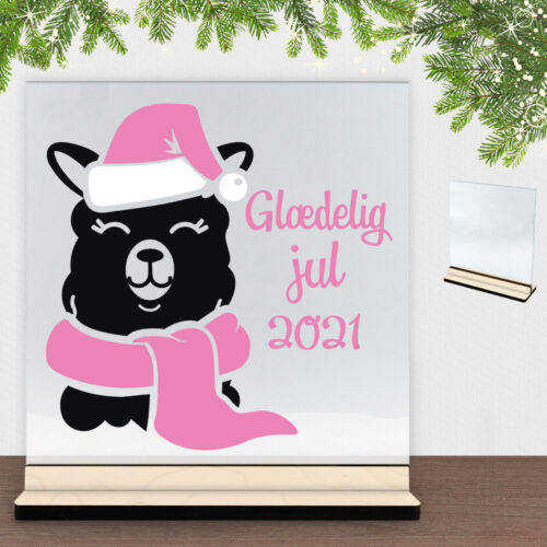 Funny Christmas - Lama, glædelig jul + valgfrit årstal | Glasskilt inkl. fod (poppel krydsfinér)