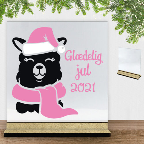 Funny Christmas - Lama, glædelig jul + valgfrit årstal | Glasskilt inkl. fod (træfiber)
