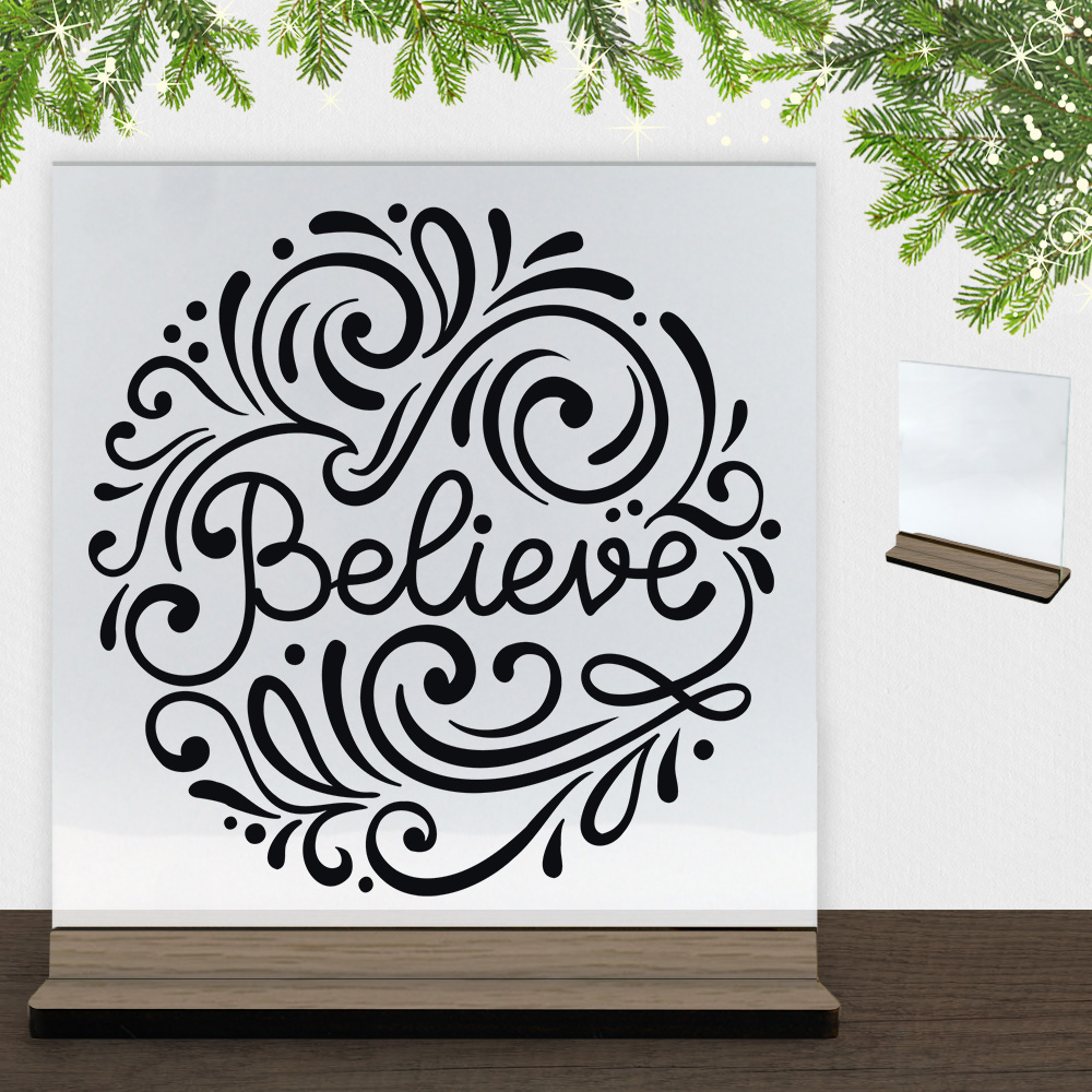 Christmas Decor - Believe | Glasskilt inkl. fod (træfinér)