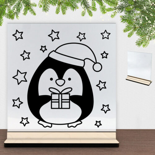 Vinter Pingvin - Design 5 | Glasskilt inkl. fod (poppel krydsfinér)