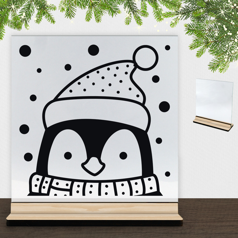 Vinter Pingvin - Design 6 | Glasskilt inkl. fod (træfinér)