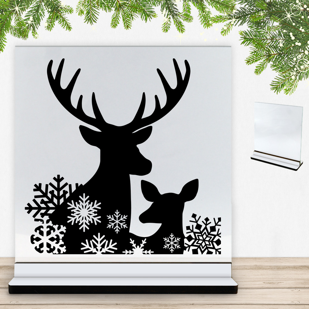 Winter Nature - Hjorte m. snefnug | Glasskilt inkl. fod med farvet overflade