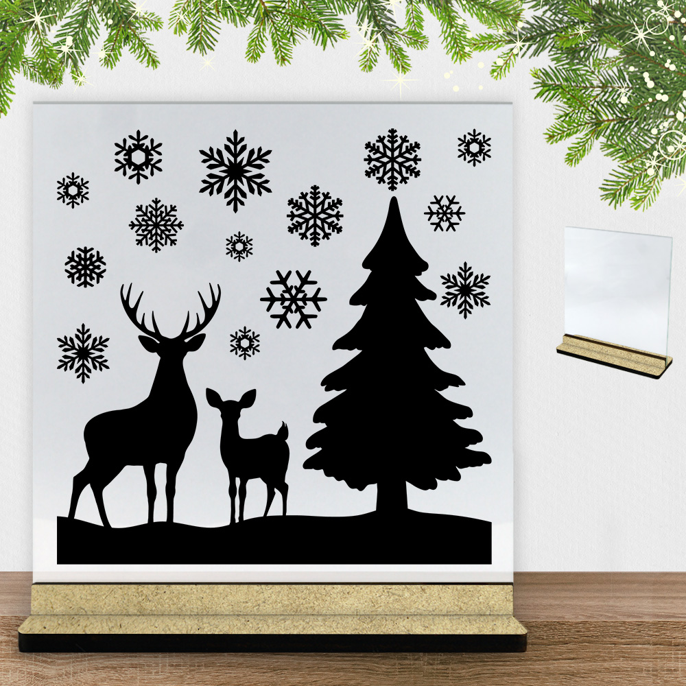 Winter Nature - Hjorte m. snefnug #2 | Glasskilt inkl. fod (træfiber)