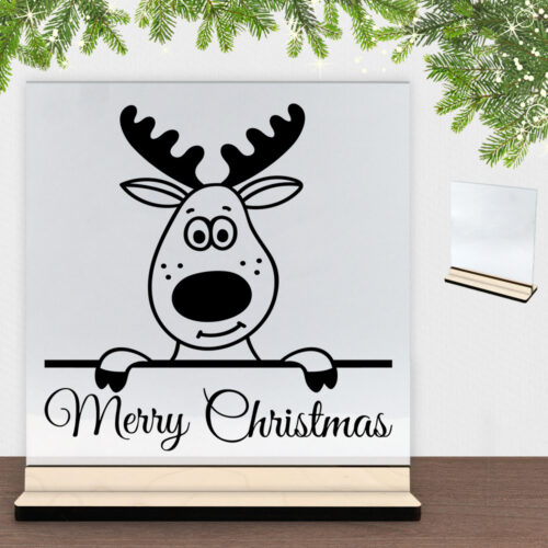 Rensdyr Merry Christmas | Glasskilt inkl. fod (poppel krydsfinér)