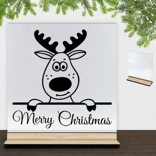 Rensdyr Merry Christmas | Glasskilt inkl. fod (træfinér)