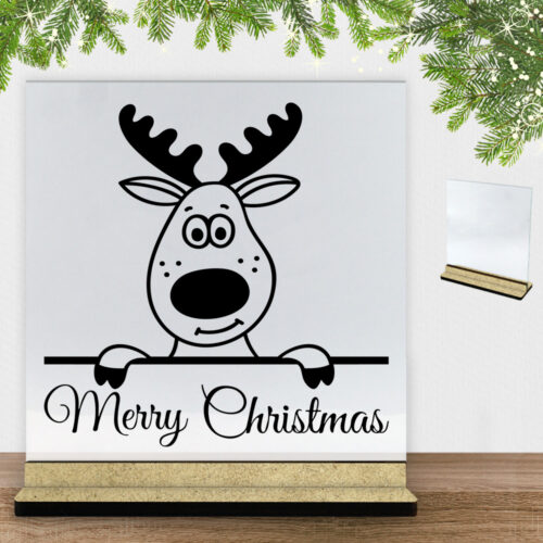 Rensdyr Merry Christmas | Glasskilt inkl. fod (træfiber)