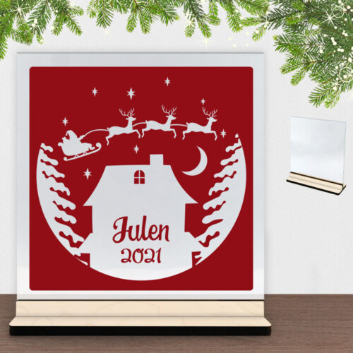 Julenat m. valgfrit årstal #4 | Glasskilt inkl. fod (poppel krydsfinér)