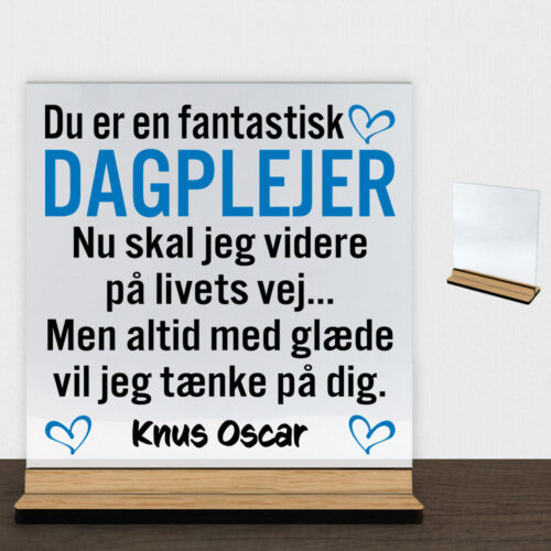 Du er en fantastisk dagplejer #1 | Glasskilt inkl. fod med (træfinér)