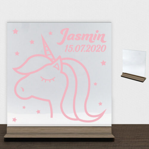 Enhjørning design 3 | Glasskilt inkl. fod (træfinér)