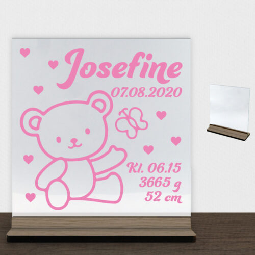 Bamsen Bimmer m. fødselsdata | Glasskilt inkl. fod (træfinér)