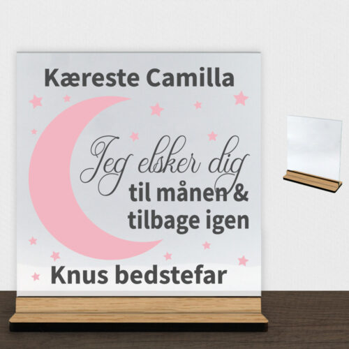 Elsker dig til månen & tilbage | Glasskilt inkl. fod (træfinér)