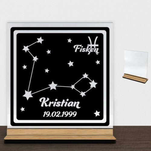 Stjernetegn "look at the stars" - Fisken | Glasskilt inkl. fod (træfinér)