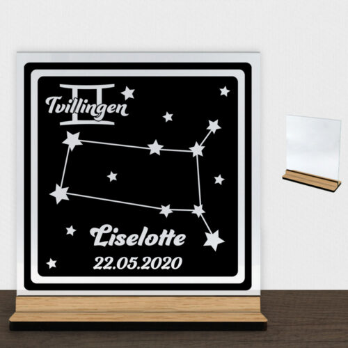Stjernetegn "look at the stars" - Tvillingen | Glasskilt inkl. fod (træfinér)